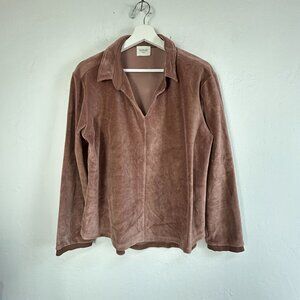 Wrap London Womens Velour V-Neck Collared Pullover Top Size 8 Brown Long Sleeve